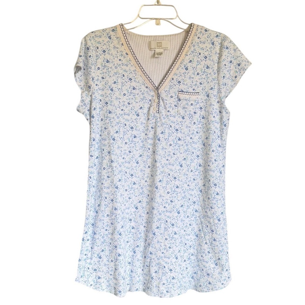 Karen Neuburger Womens Blue Floral Sleep Shirt Short Sleeve V-Neck Small Casual